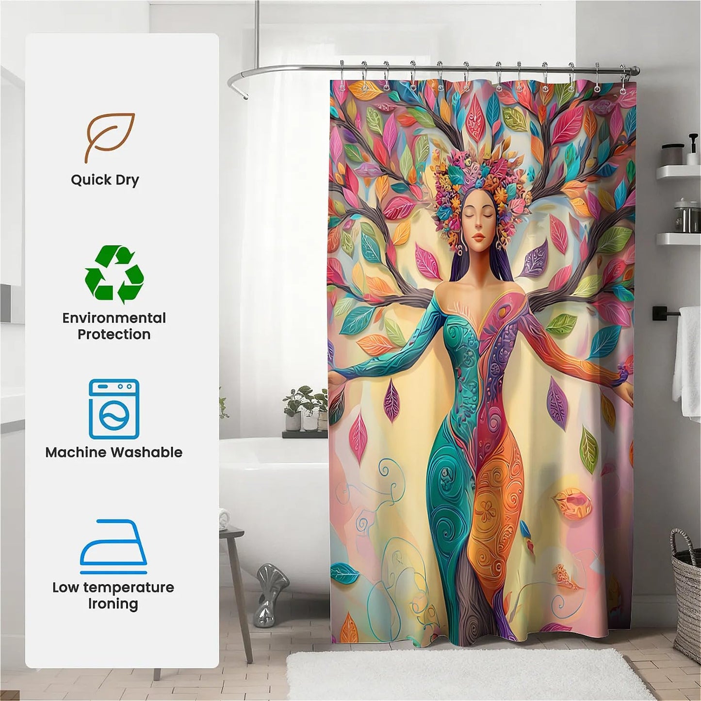TANGXUNFA Colorful Tree Woman Shower Curtain for Bathroom, Water-Resistant Long Shower Curtain Set 72x72 Inch with Metal Grommets and 12 Metal Hooks