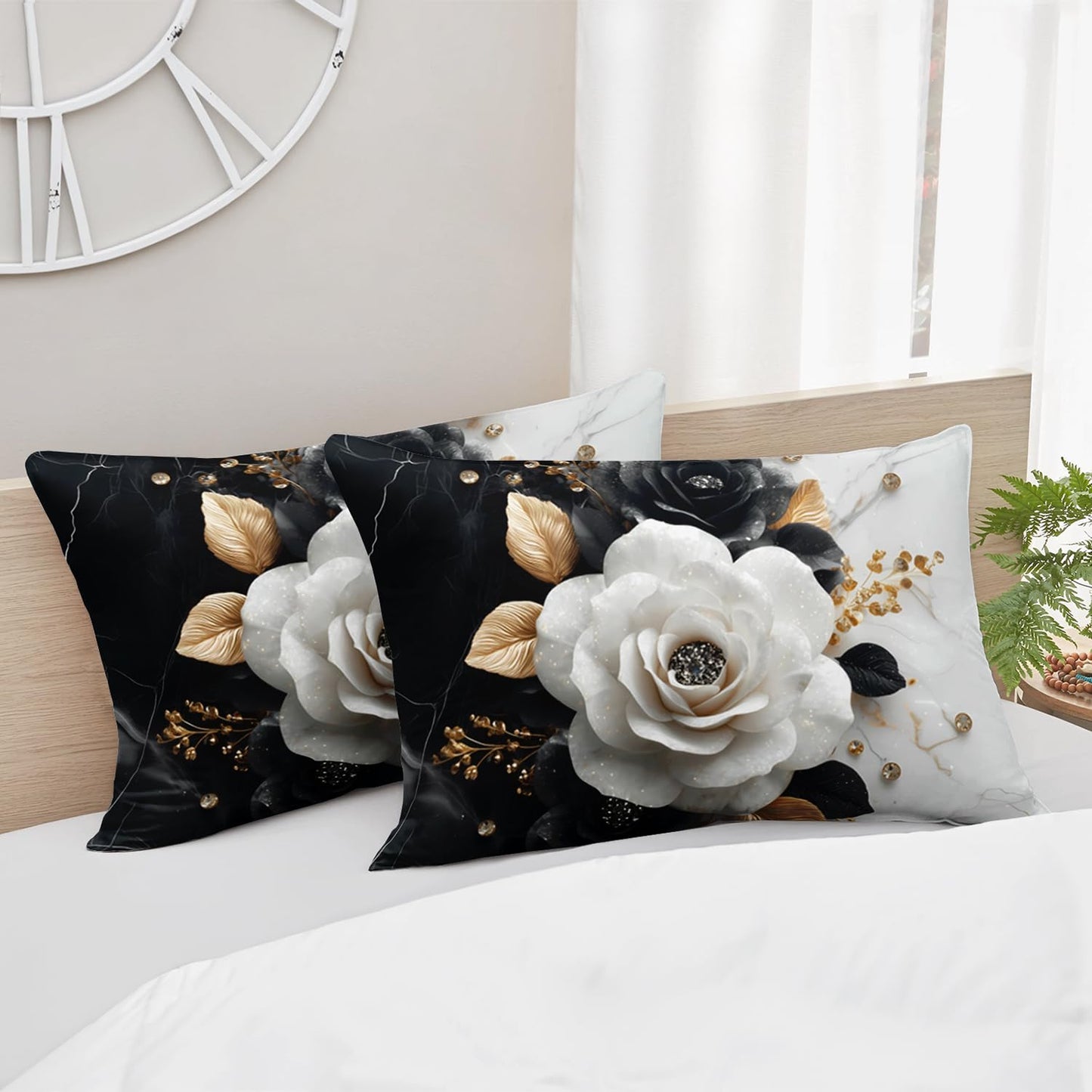 HOSIMA Floral Twin Bedding Sets for Women,Black White Marble Grain Ink Fluid Art Fitted Sheet for Girls Room Decor,Golden Leaves Pattern Lightweight Floral Bedding,1 Fitted Sheet+2 Pillowcases.