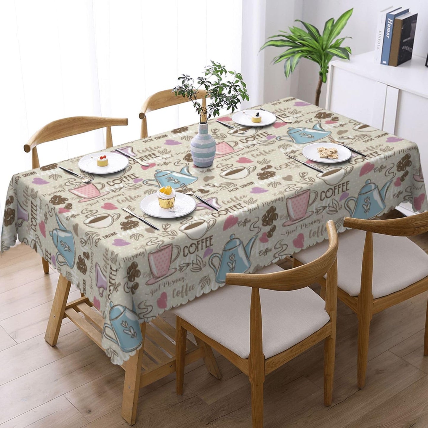 LALIMEYA Coffee Print Tablecloth Beans Polka Dot Rectangle Table Cloth Colorful Tea Cup Heart Doodles Themed Washable Table Cover with Wavy Edging Suitable for Party Dinner 54×72 Inch