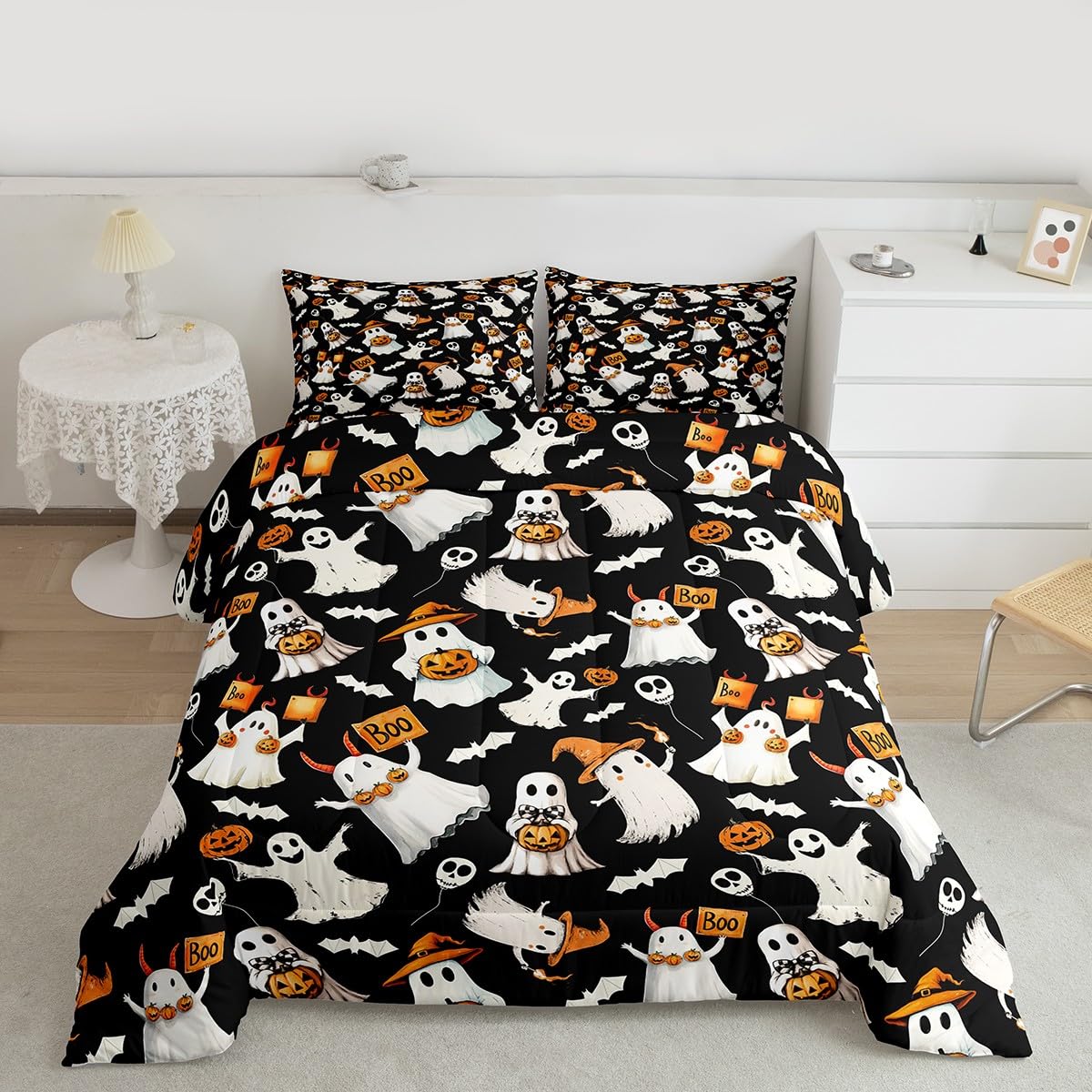 Homewish Happy Halloween Comforter Set Spooky Witch Hat Ghost Comforter Queen Size Gothic Pumpkin Bats Bedding Set for Kids Adult Bedroom Decor Fashion Black Quilt Duvet,3 Pcs with 2 Pillowcase