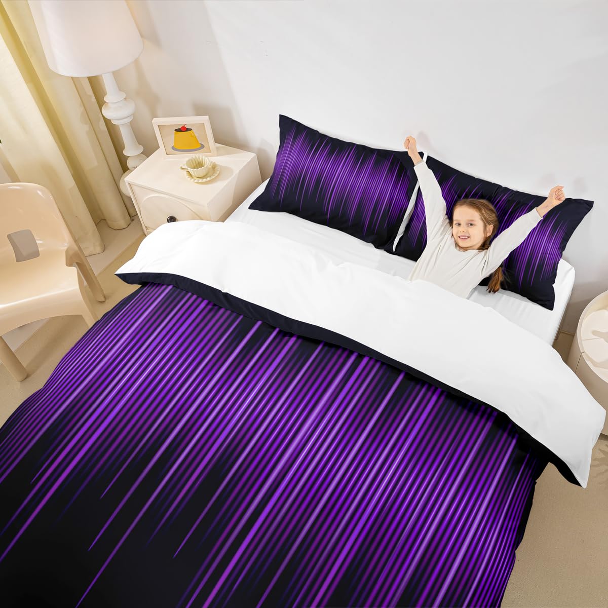 Geometric Abstract Stripes Kids Duvet Cover Set King Size,Purple Gradient Lines Bedding Set,Boys Girls Adults Bedroom Decor,Modern Stylish Comforter Cover,Black Simple Quilt Cover,3pcs,2 Pillowcases