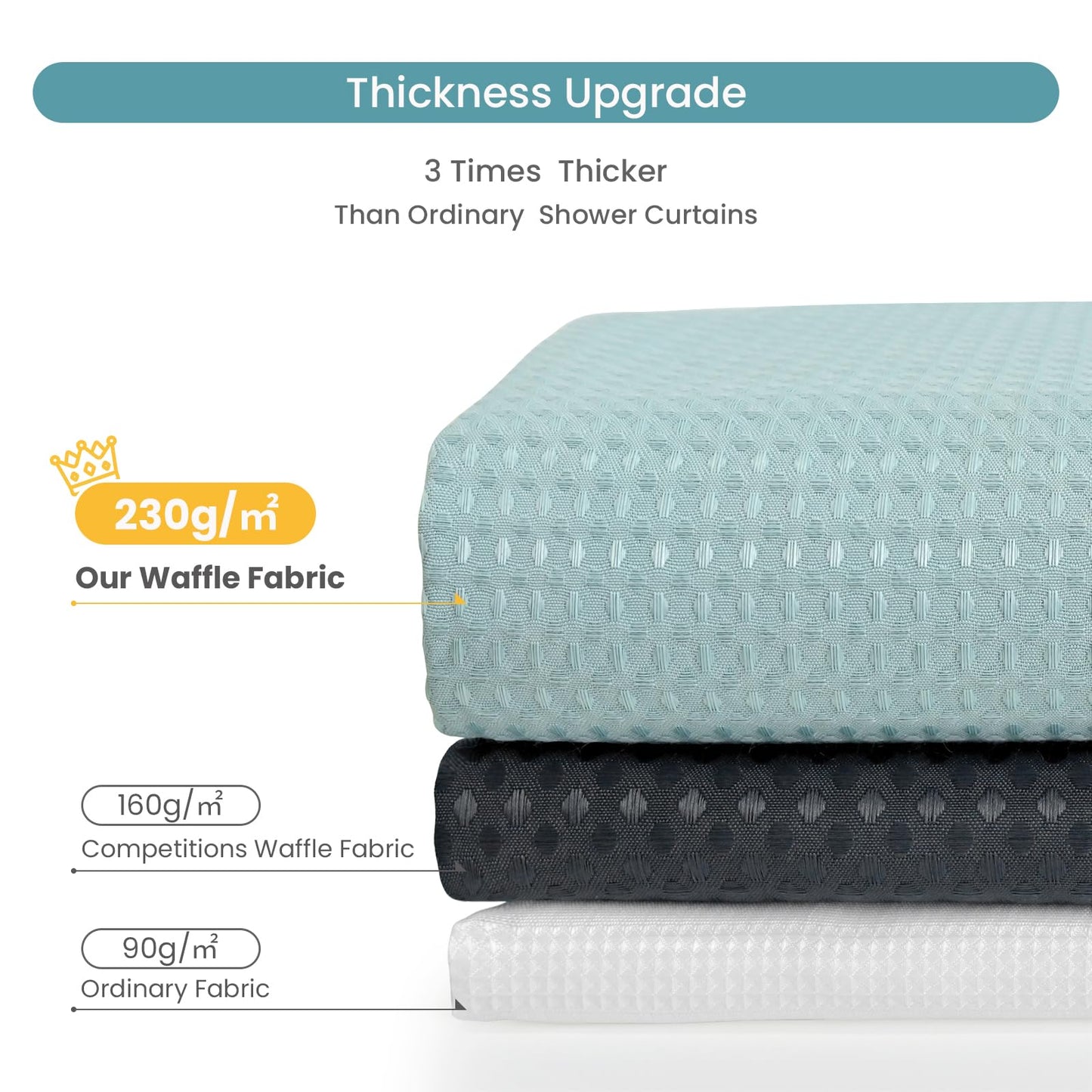 DRIFTED ROOT No Hook Shower Curtain Set with Snap-in Detachable Liner, 230 GSM Waffle Weave Fabric, Heavy Duty Water-Repellent, Pale Blue, 72 x 74 Inch