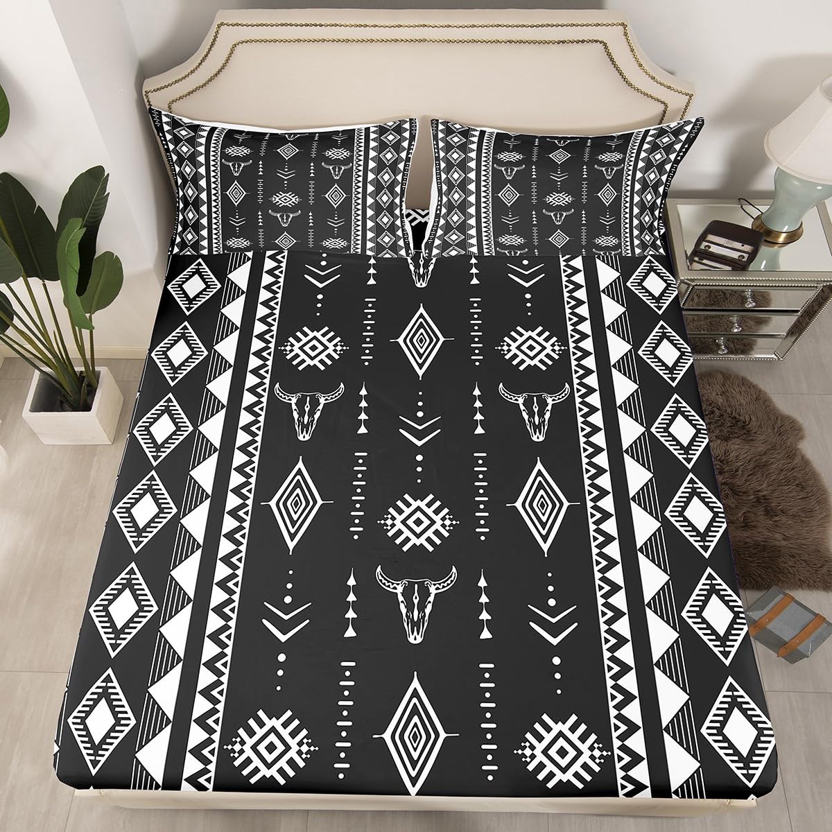Erosebridal Bull Skull Bed Sheets Set Full Size, Western Aztec Boho Flat Fitted Sheet for Girls Boys Women Men Home Decor, Southwestern Cowboy Bedding Set, Ethnic Horns Bed Sets