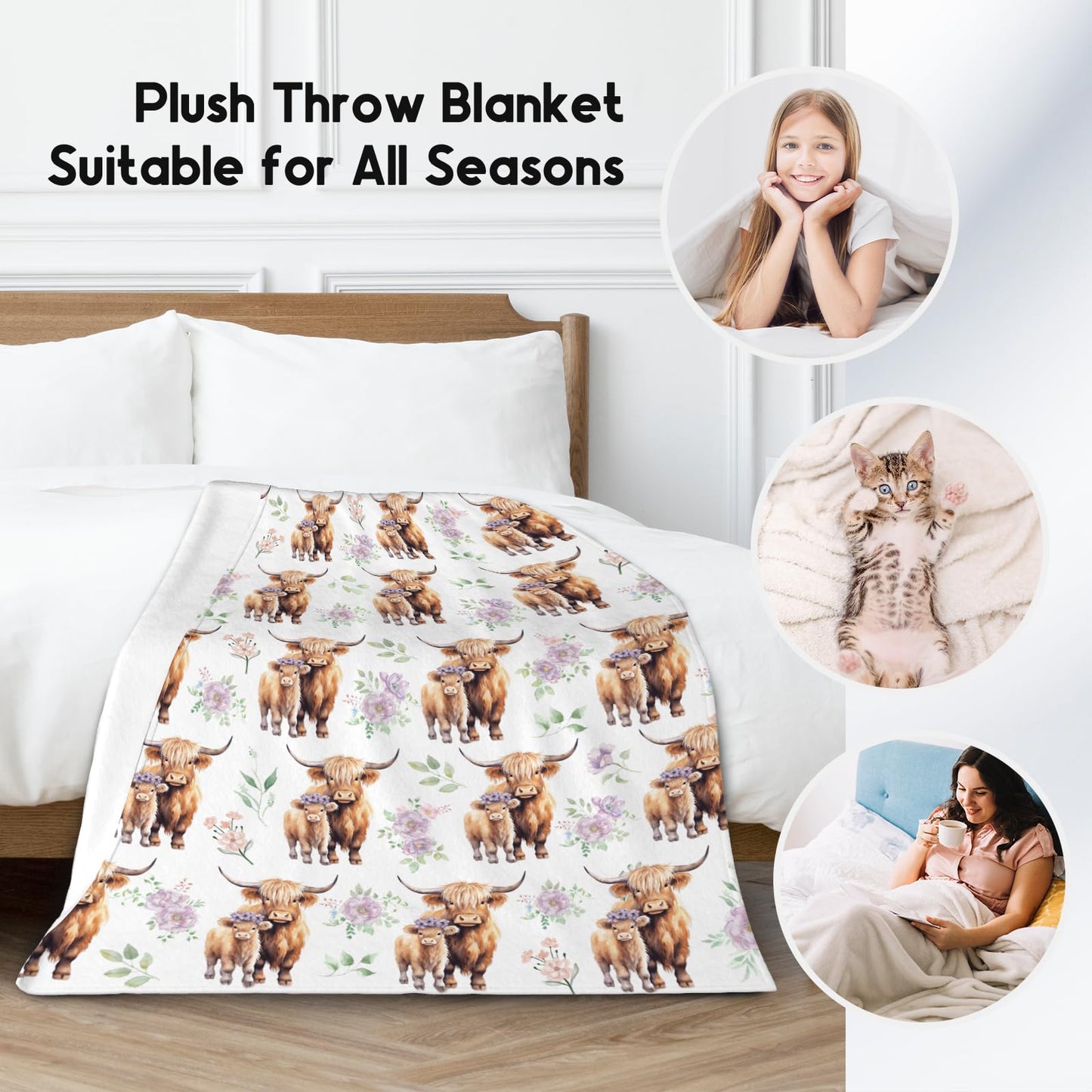 Highland Cow Blanket for Kids, Cozy Soft Throw Gifts, Cute White Flannel Throw Blankets for Couch Office, 30x40 Inches