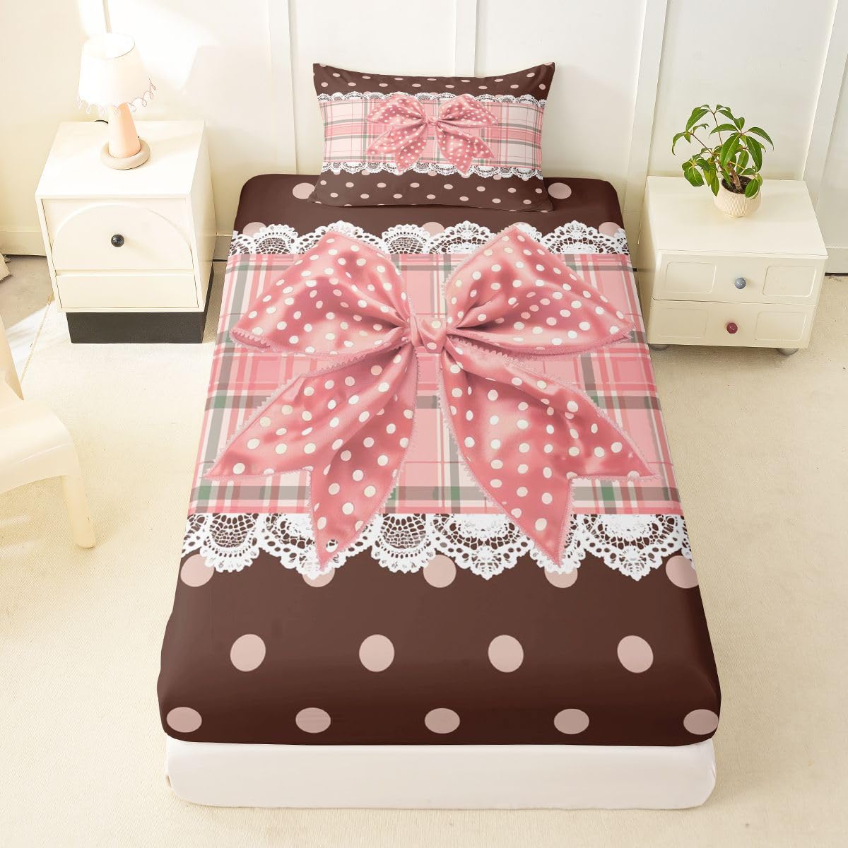 jejeloiu Plaid Bowknot Fitted Sheet Twin Size for Kids Boys Girls Polka Dots Bed Sheets Set 16" Deep Pocket Soft Breathable Microfiber Pink Brown Bow Bedding with 1 Pillowcase Room Decor
