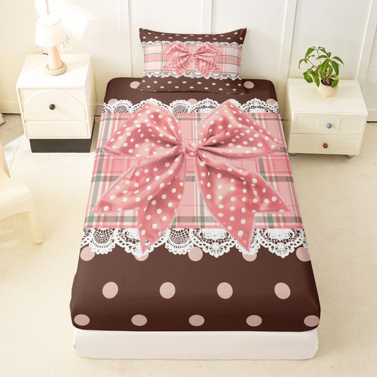 jejeloiu Plaid Bowknot Fitted Sheet Twin Size for Kids Boys Girls Polka Dots Bed Sheets Set 16" Deep Pocket Soft Breathable Microfiber Pink Brown Bow Bedding with 1 Pillowcase Room Decor