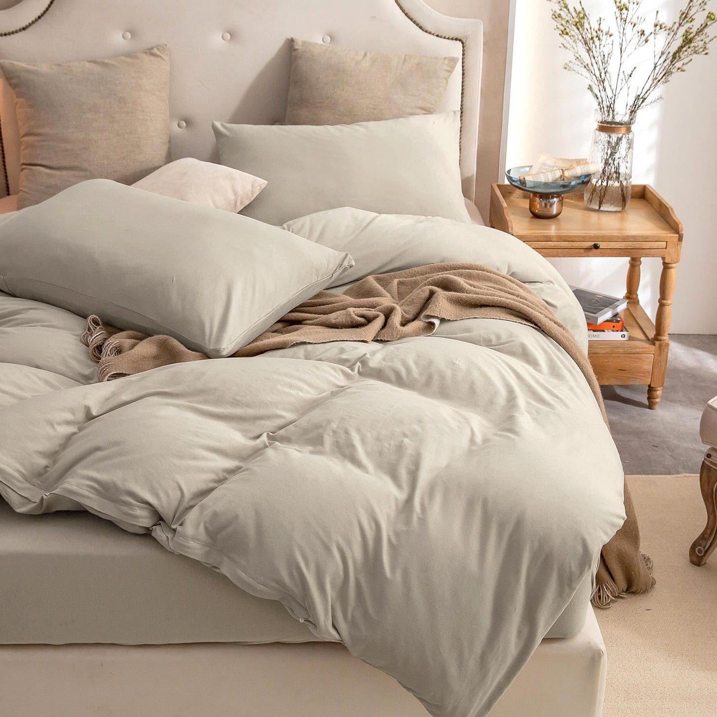 PURE ERA Jersey Knit Duvet Cover Set 100% T-Shirt Cotton Super Soft Comfy 2pc Bedding Set with Zipper Closure (Solid Dark Beige, Twin)