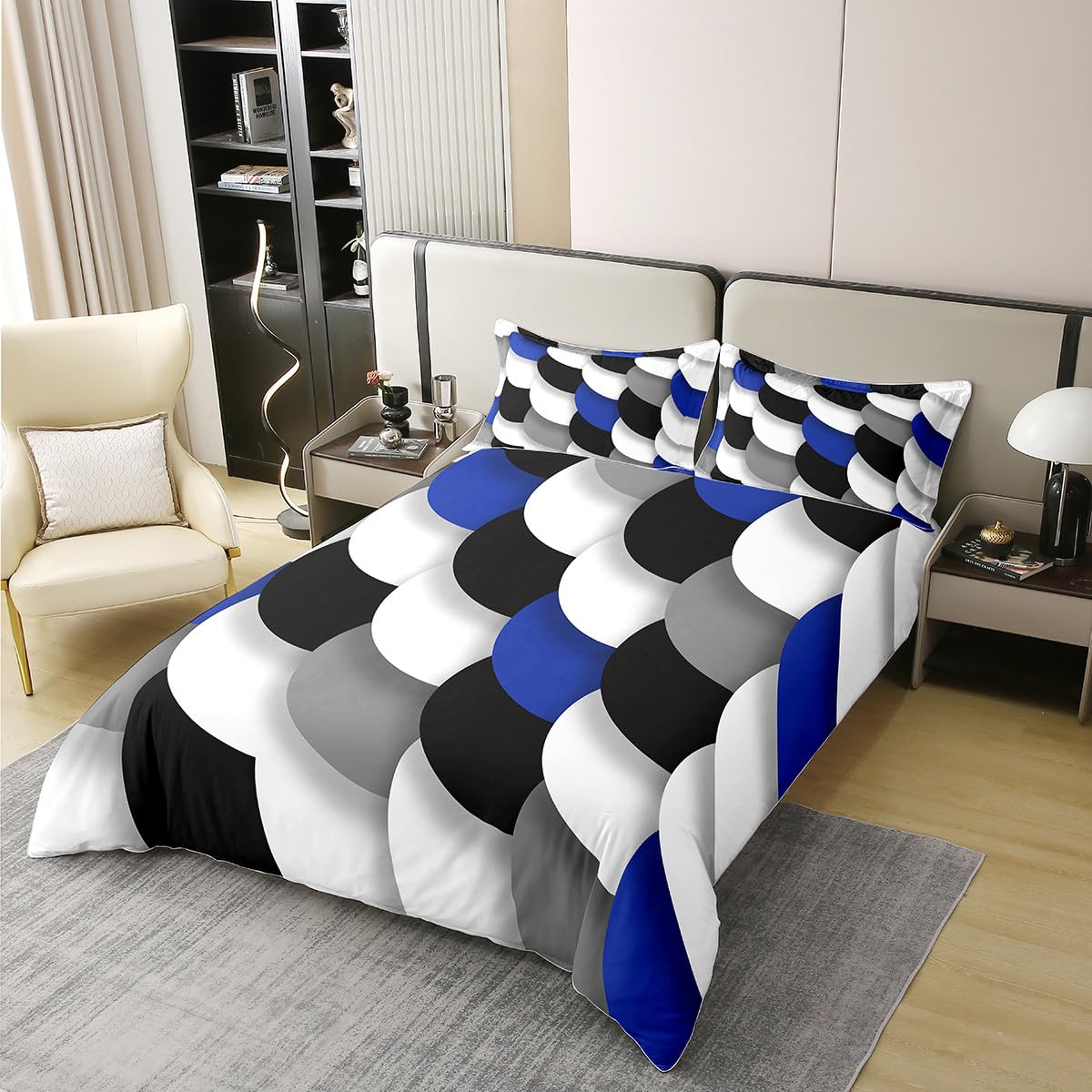 jejeloiu Kids Blue Black White Geometric Bedding Set Queen Size Abstract Art Duvet Cover 100% Cotton for Boys Girls Abstract Comforter Cover（No Comforter）