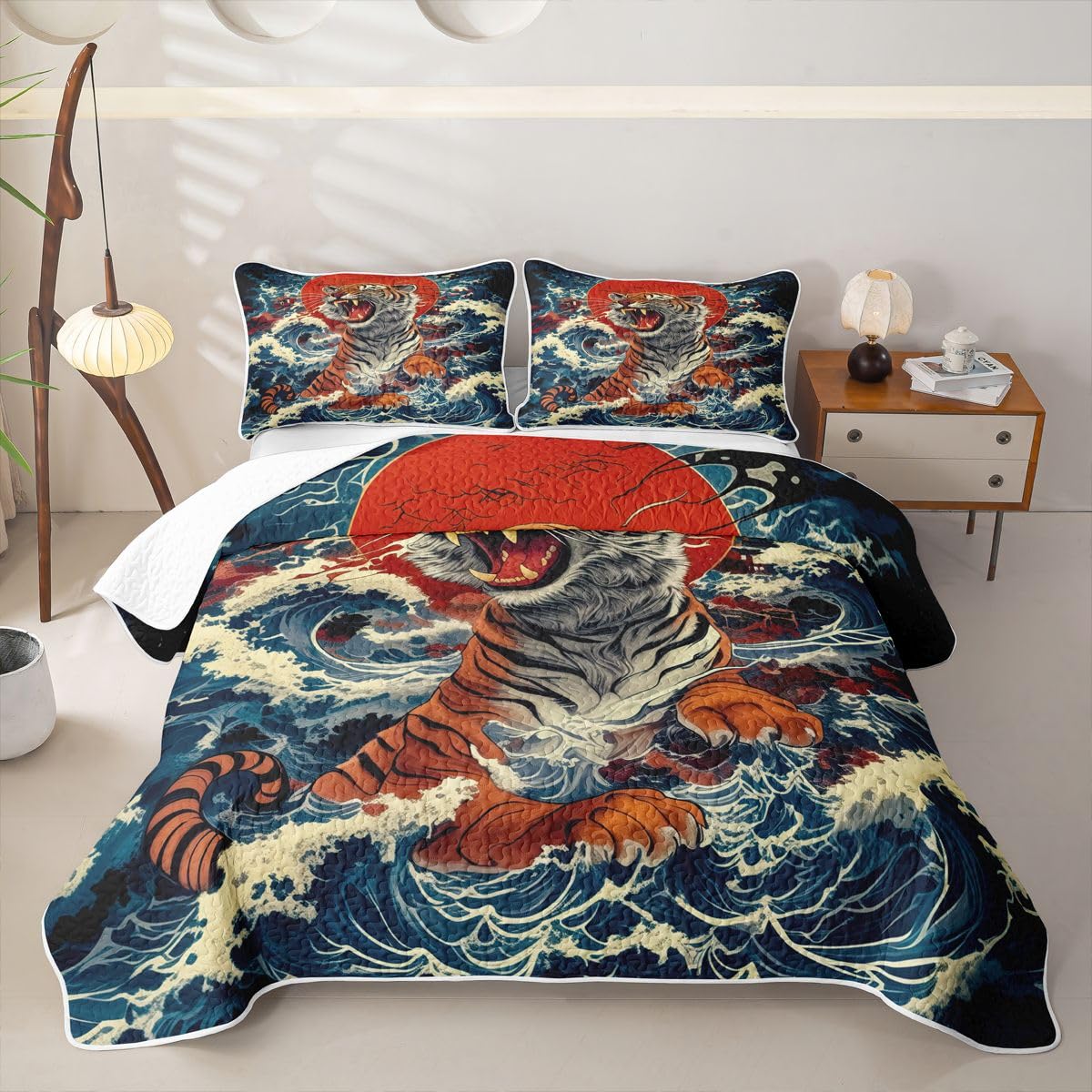 Erosebridal Japanese Style Quilt Twin Size - Watercolor Tiger Print Bedspread Red Sun and Japanese Wave Bed Coverlet with 1 Pillowcase