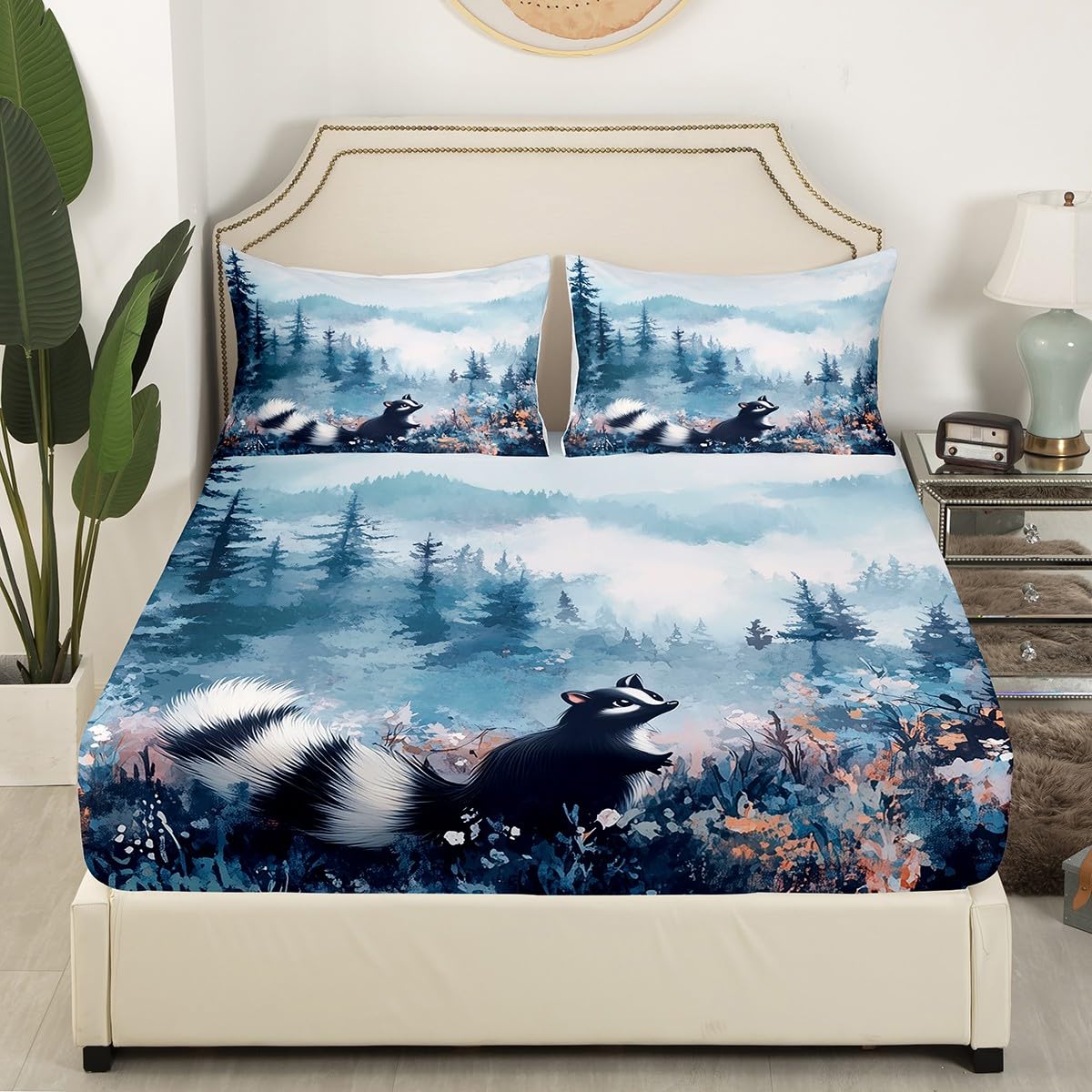 Erosebridal Kids Skunk Fitted Sheet Queen Size, Cute Wild Animals Bed Sheets Smoky Mountain Bedding Set for Boys Girls Teens Adult Women Bedroom, Farmhouse Flower Wildlife Sheets