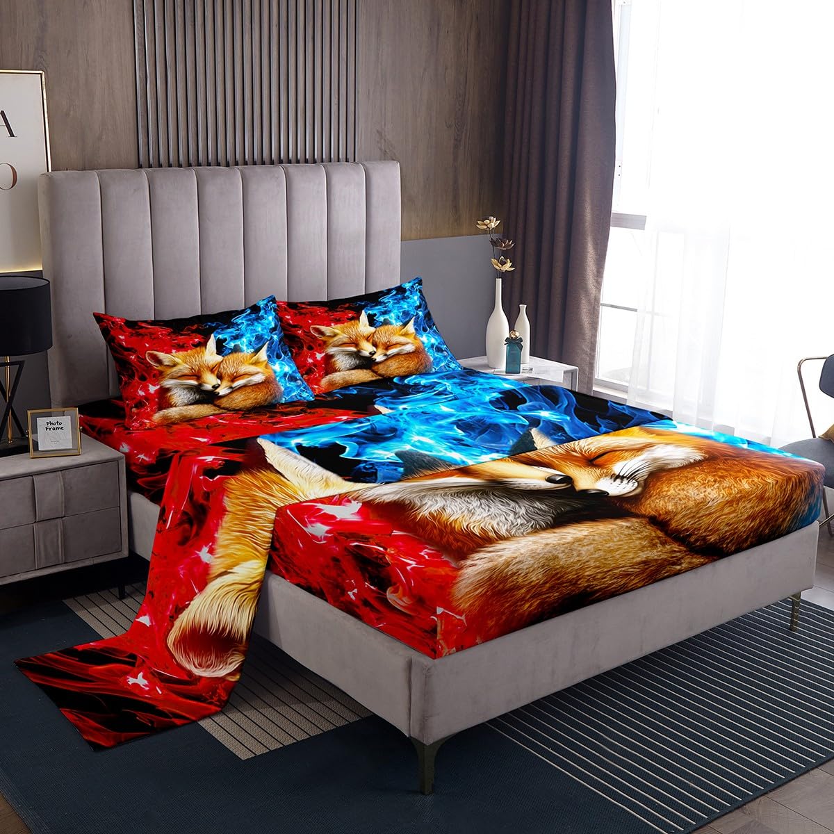 Erosebridal Cute Fox Flat Fitted Sheet Wild Animals Bed Set for Boys,Abstract Art Smoking Bed Sheets Set, Red Blue Bedding Sets Full for Kids Children Home Decor, with 2 Pillow Cases