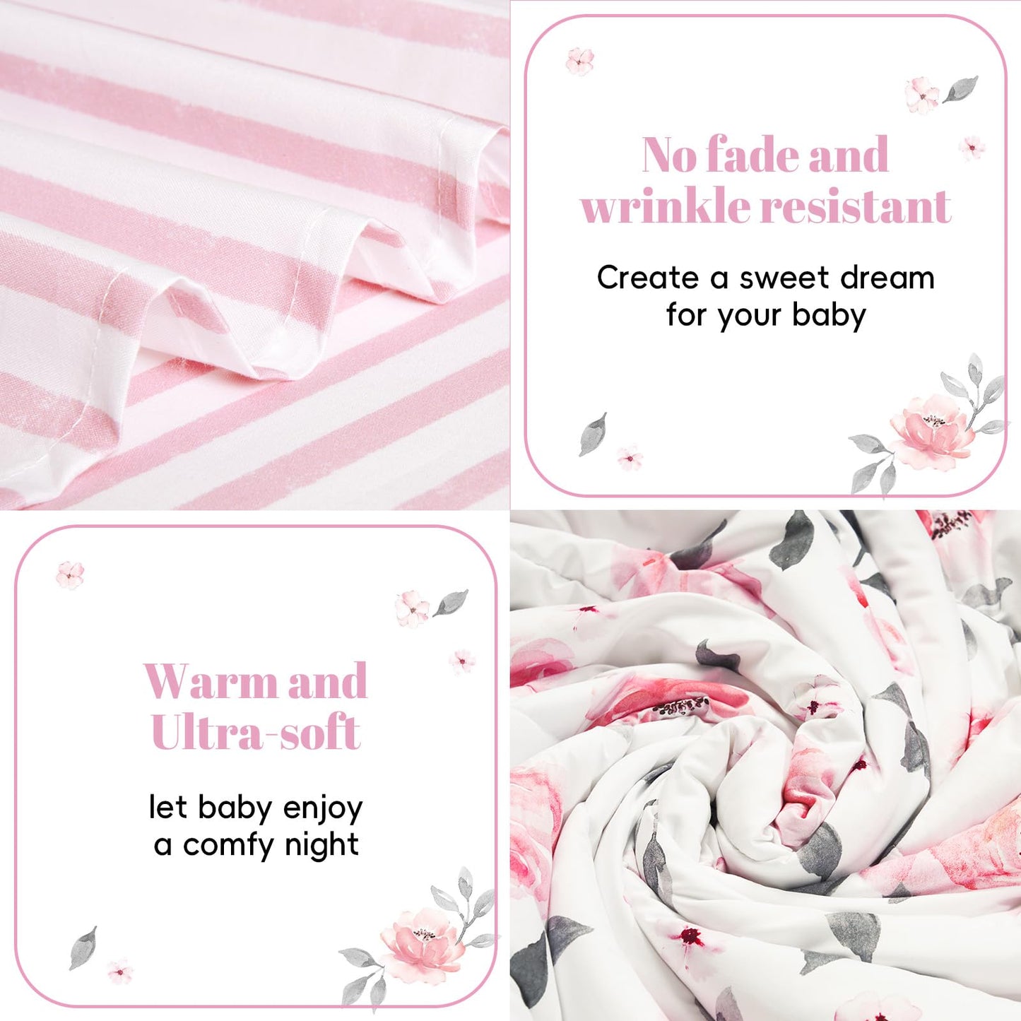 PHF 4 Piece Toddler Bedding Set, Ultra Soft Toddler Comforter Sets Include Comforter, Fitted Sheet, Flat Top Sheet and Pillowcase for Girls, Floral Bed in A Bag for Baby Bedroom, Floral