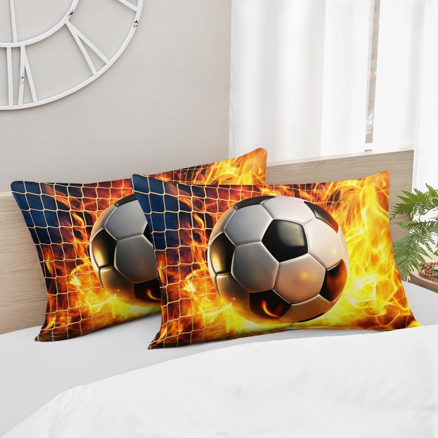 HOSIMA Soccer Twin Bedding Sets for Kids,Soccer Wrapped in Fire Kicked into Goal,Lightweight Sports Themed Football Fitted Sheet for Teens Boys Room Decor,1 Fitted Sheet+2 Pillowcases.