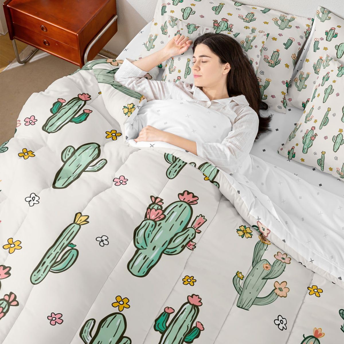Erosebridal Cactus 7 Piece Bedding Set Queen Western Comforter Set with Sheets Cute Cartoon Flowers Desert Plant Bed in a Bag Retro Red Floral Green Botanic for Kids Boys Girls