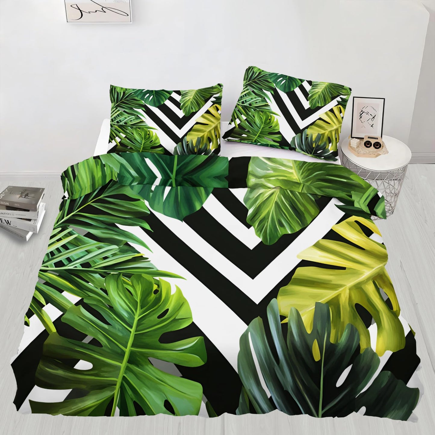 GKPLY Tropical Leaves Bedding Duvet Cover, Monstera Comforter Set with Zipper, Green Print Duvet Cover Queen, 3 Pieces Bedding & Bedroom Decor, 2 Pillowcases