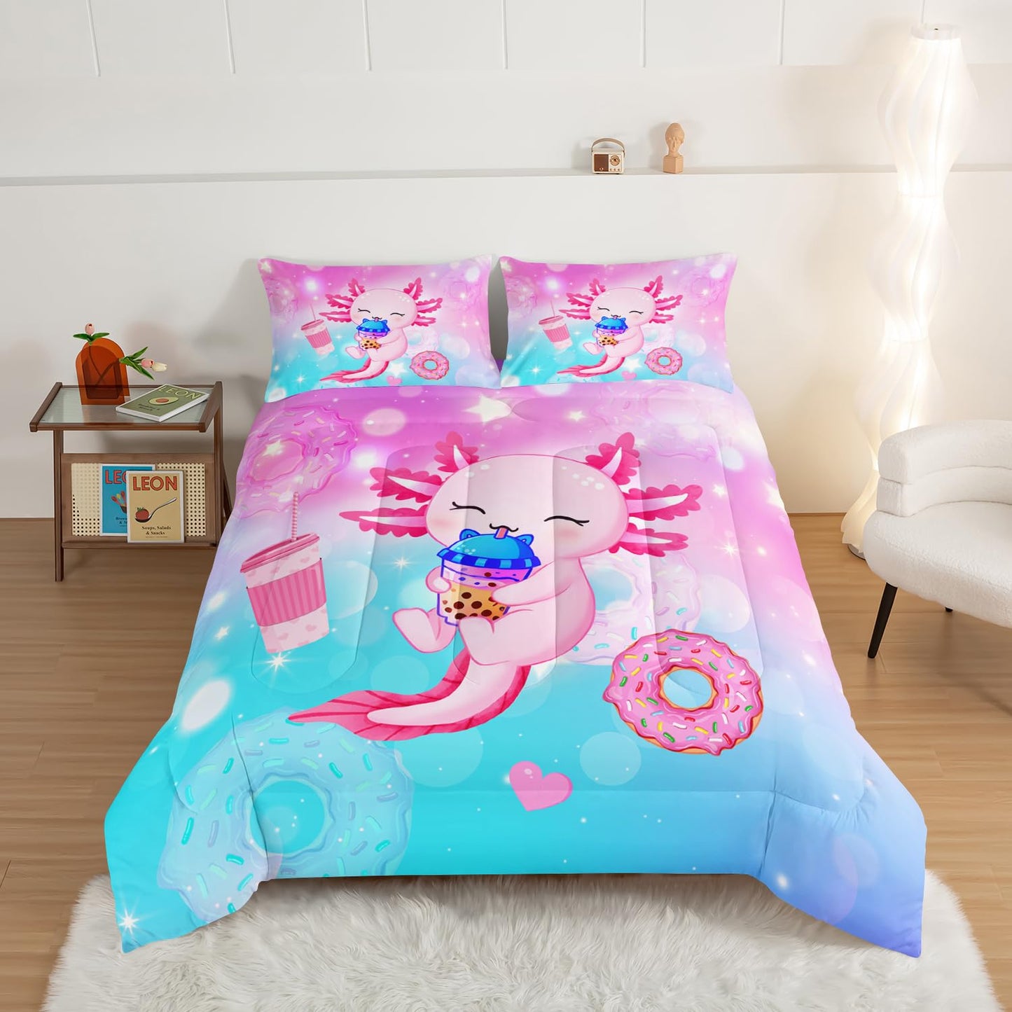 HOSIMA Axolotl Comforter Full Size Cute Animal Bedding Room Decor for Teen Girls Dessert Milk Tea Donut Bed Princess Toddler Bedding Set Fantasy Blue Purple Full Size Bed in a Bag for Adults Kids.