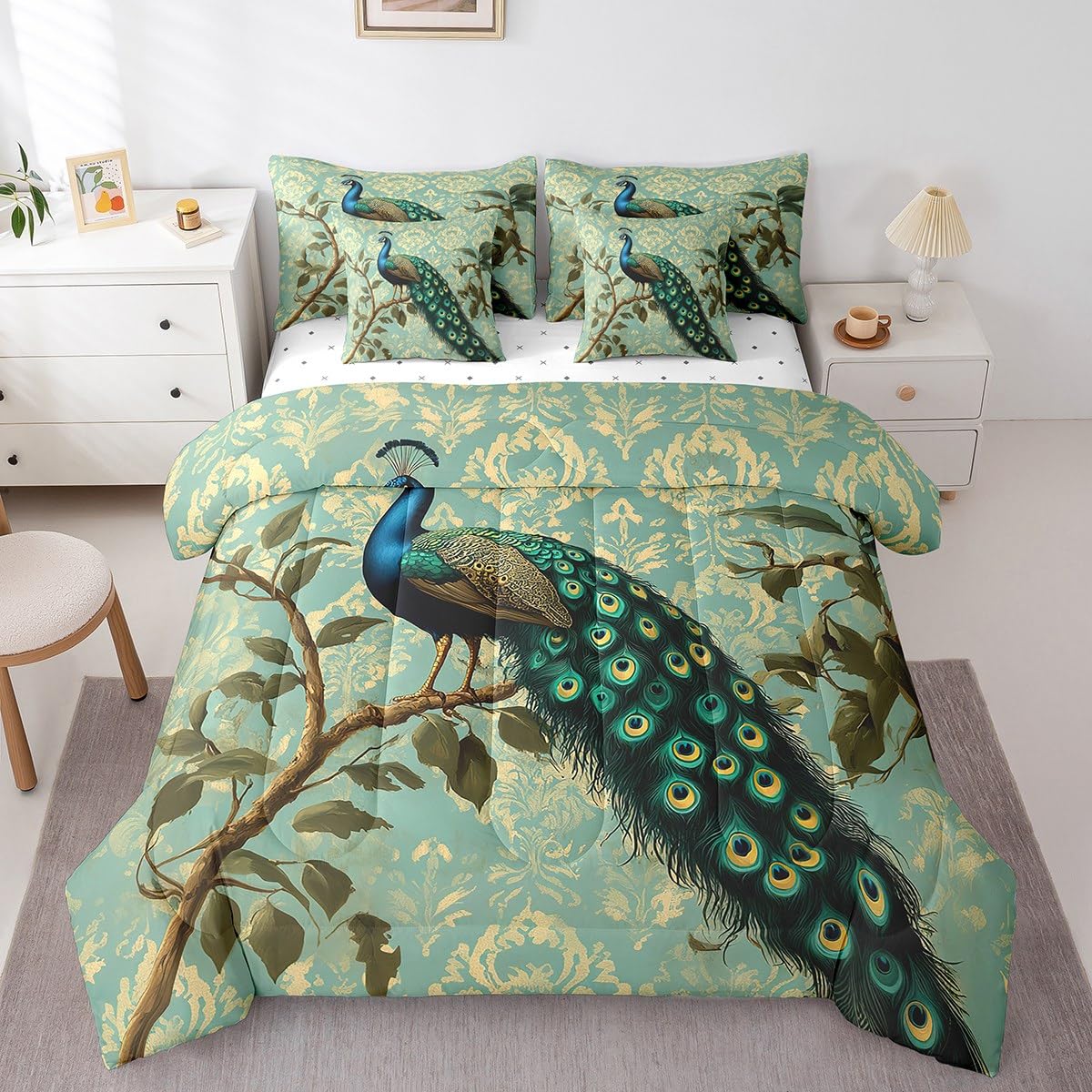 Erosebridal Peacock Comforter Set King Size,Retro Damask Floral Bedding Set for Kids Teens,Peacock Feather (Comforter+Fitted+Flat Sheet+2 Pillowcases+2 Throw Pillow Covers) 7 Pieces Bed Set
