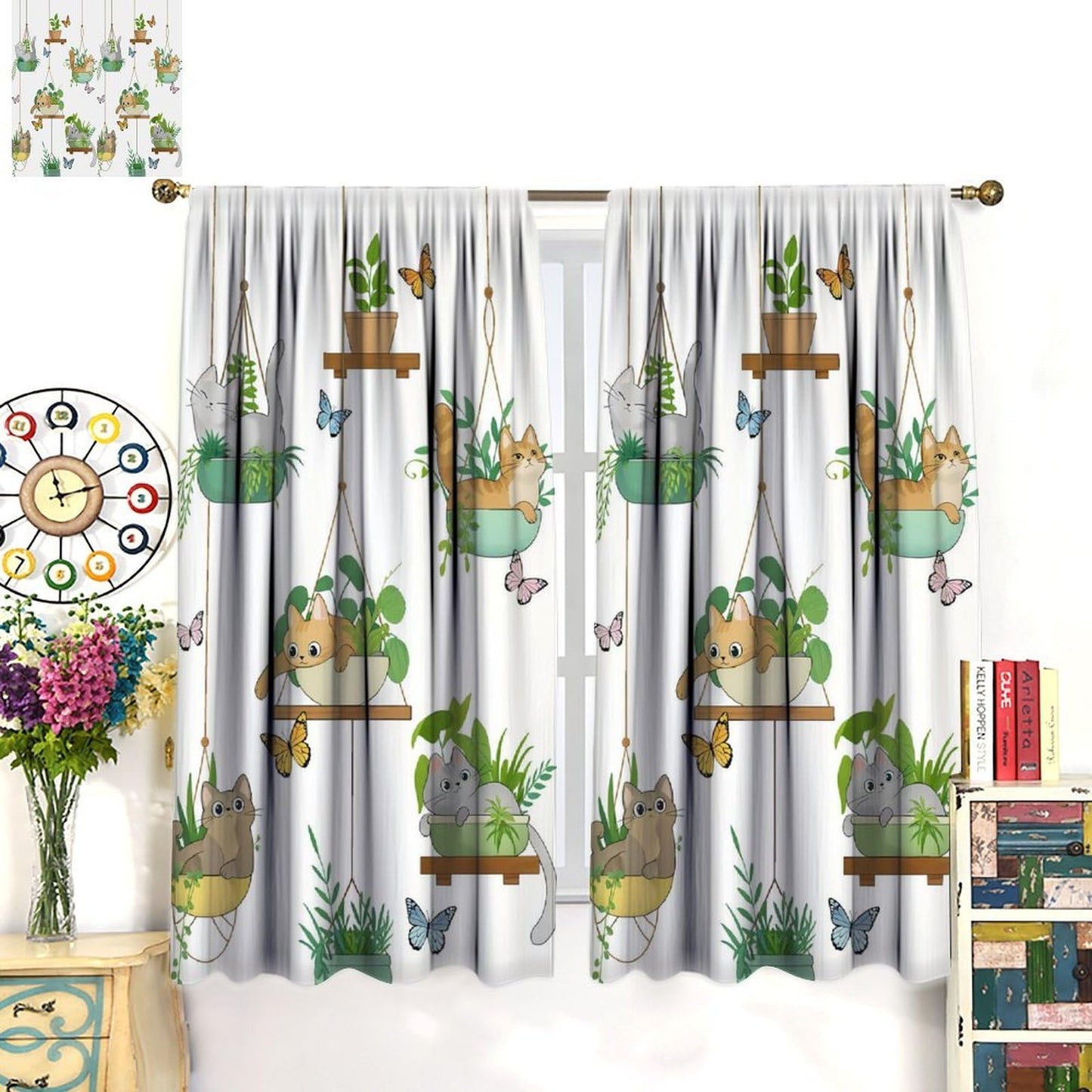 Cat Curtains, Rustic Farmhouse Hanging Potted Plants Print Home Decor Drapes for Bedroom Living Room Kitchen Window Treatment 2 Panels Set Total Size 42" W X 45" L Inch
