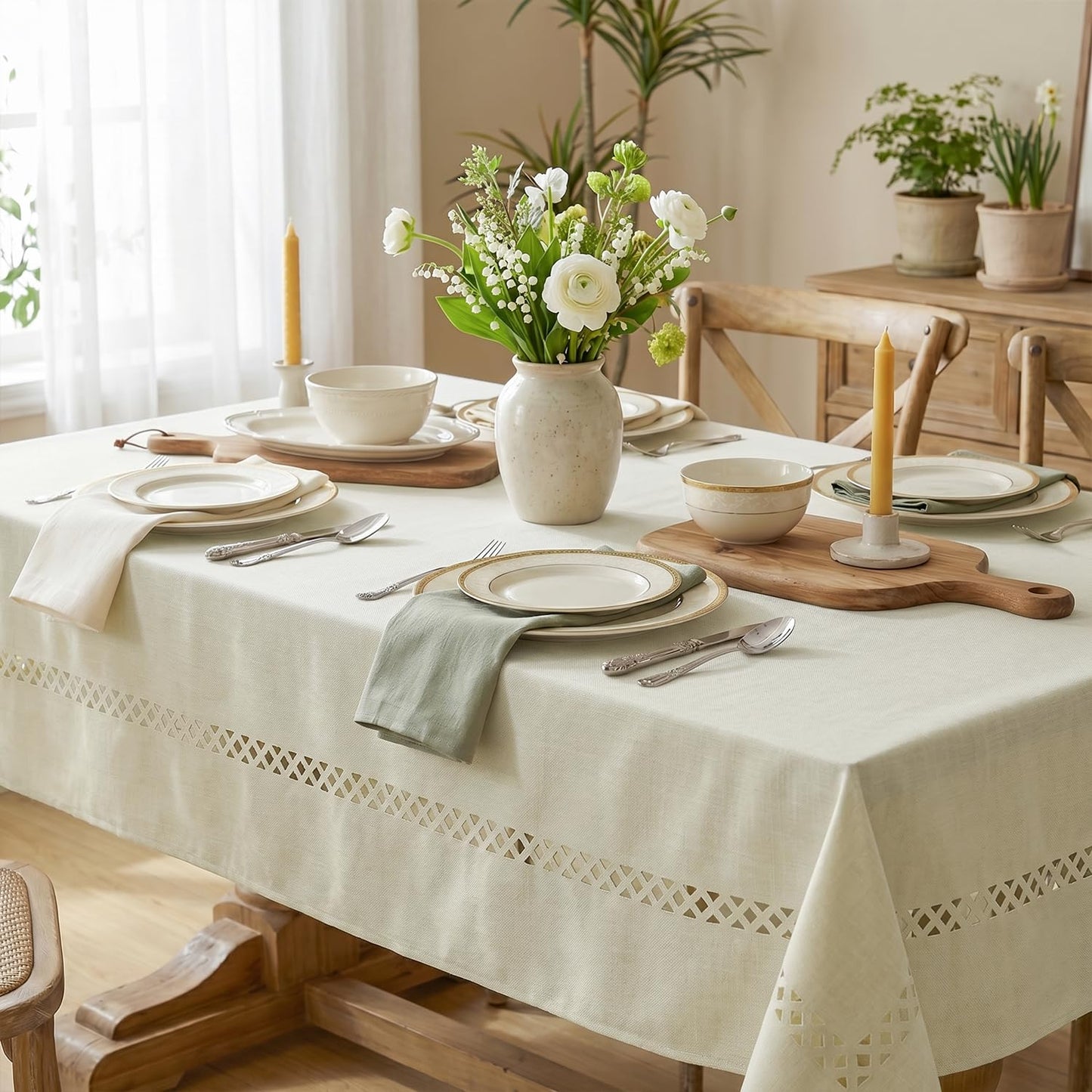 Horaldaily Beige Farmhouse Style Tablecloth with Decorative Cutouts, 60×84 Inch Rectangular Polyester Table Cloth, Wrinkle Resistant Washable Table Cover for Dining Wedding and Outdoor