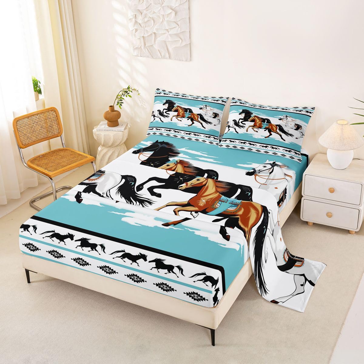 jejeloiu Horses Bed Sheets Set Queen Size Tribal Farm Sunset Run Bed Set Farmhouse Wildlife Deep Pocket Fitted Sheet Southwestern Native Aztec Breathable Soft Lightweight Microfiber