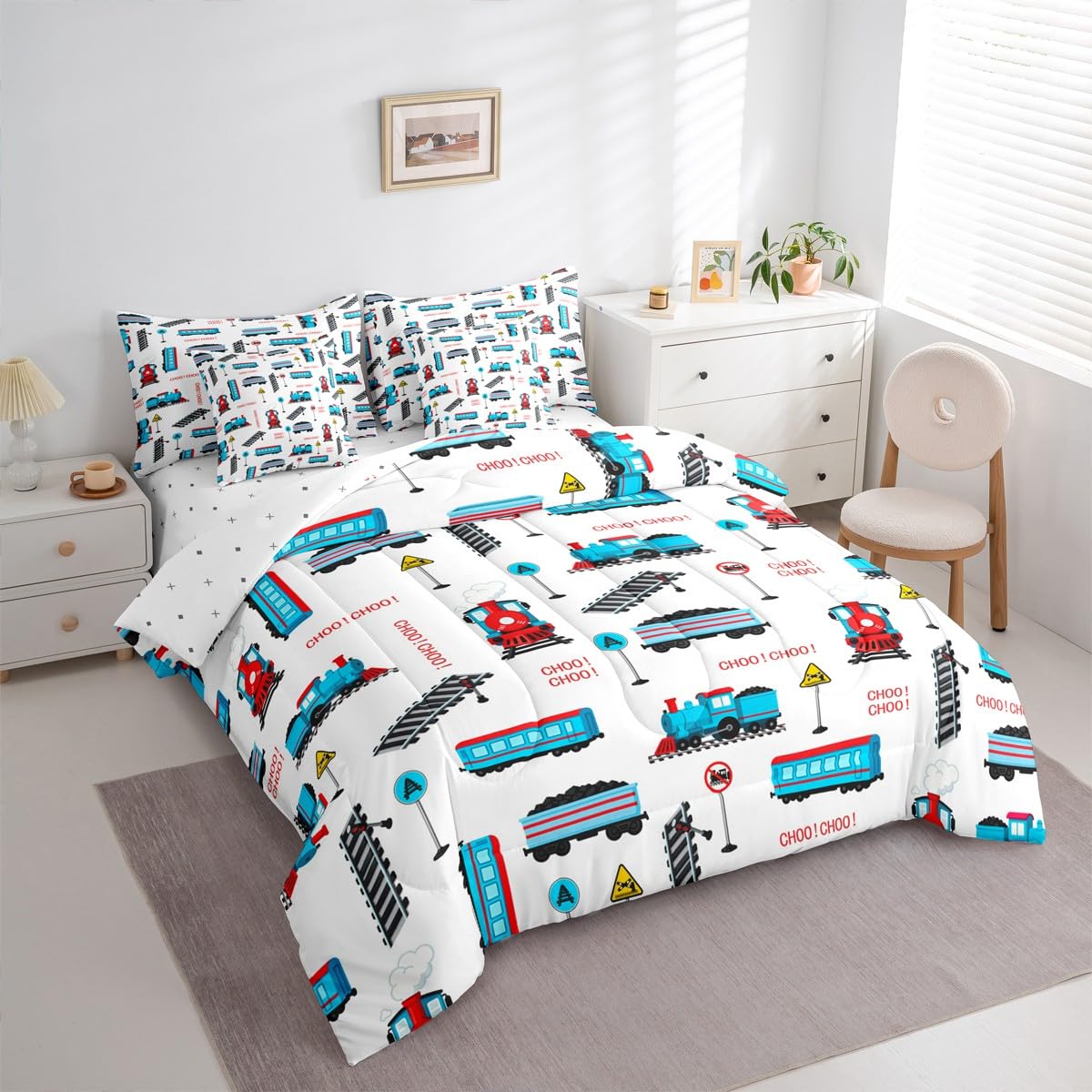 jejeloiu Tramcar Comforter Set with Sheets 7 Piece Twin Size Cartoon Car Bed in a Bag Kids Boys Girls Wired Trolley Car Bedding Set Bedroom Decor Breathable Soft Lightweight Microfiber