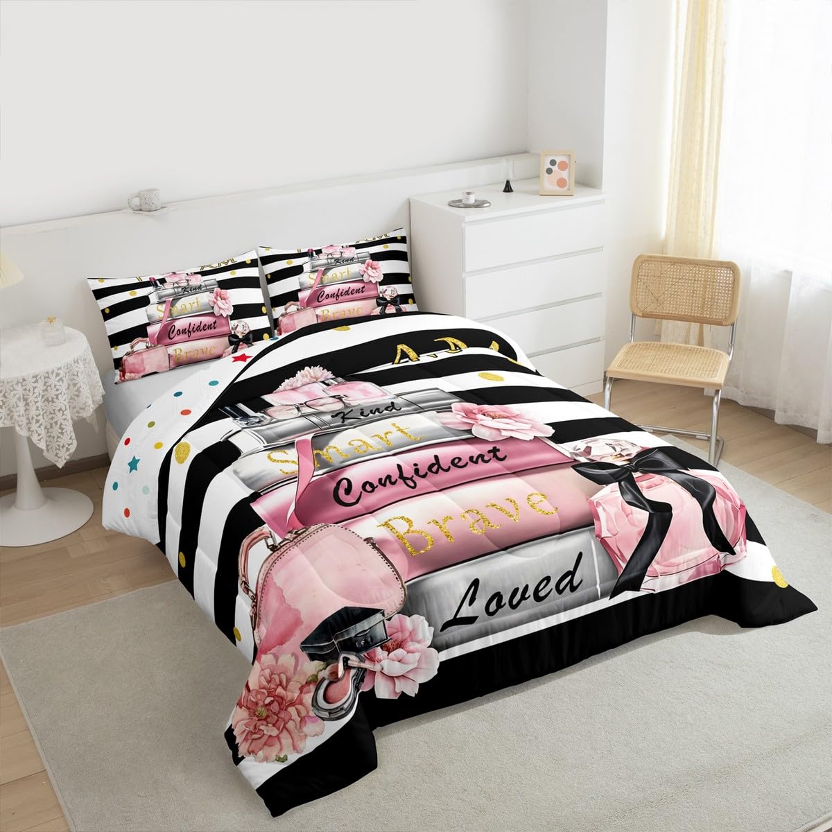 Erosebridal Pink Fashion Comforter King Size for Girls Kids Girly Modern Inspirational Quotes Bedding Set Women Abstract Black White Stripes Bed Set Magazine Books Floral Perfume Makeup Duvet Insert