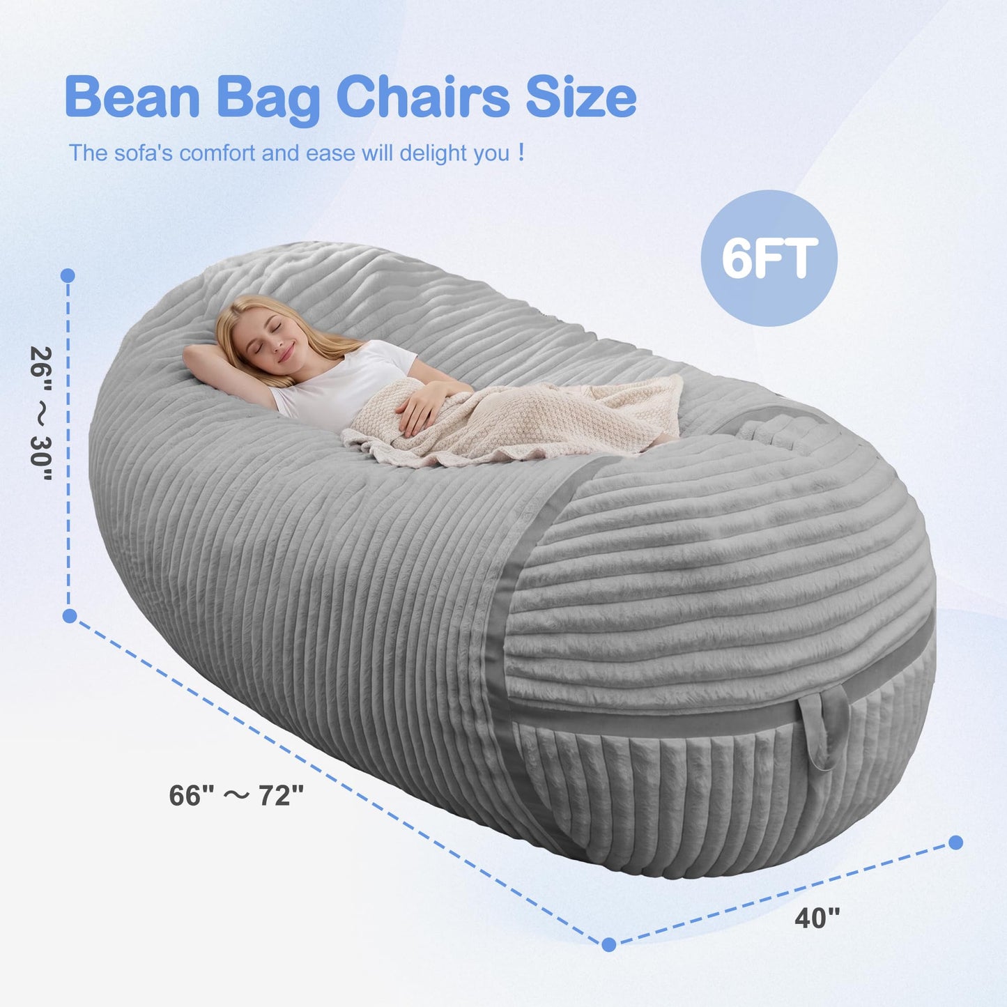 HABUTWAY Bean Bag Chair 6FT Giant Bean Bag Chairs for Adults with Memory Foam Filled,6'Beanbag Chair with Soft Faux Fur Cover, Bean Bag Bed Bean Bag Sofa Lounger for Living Room,Bedroom-Light Grey