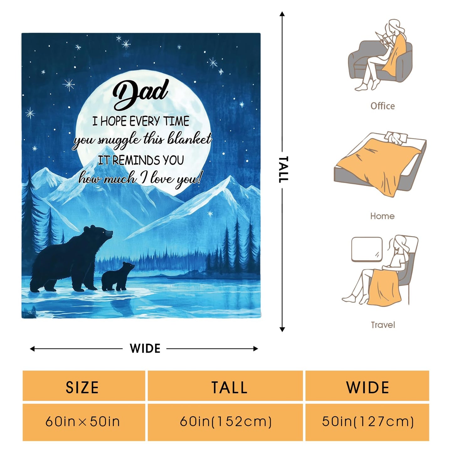 Hohoto Dad Bears Starry Sky Blanket Gifts for Birthday Christmas Father's Day Bear Blanket Men Husband Halloween Easter Winter Snow Mountains Forest River Moon Inspirational Words Throw 50"x60"