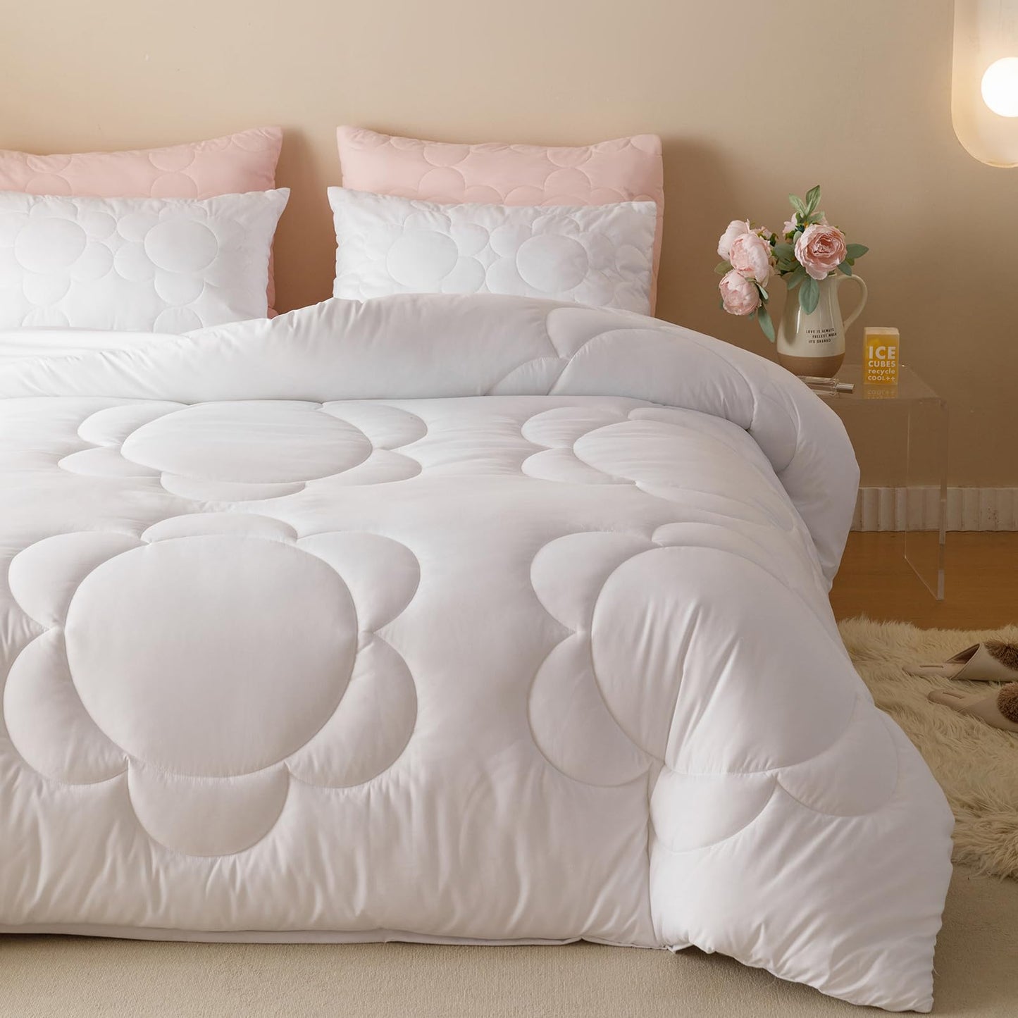 Luxlovery White Sunflower Comforter Set Queen Plain White Boho Farmhouse Quilts Floral Bedding Comforter Set Soft Breathable Elegant Bohemian Comforter Queen Size