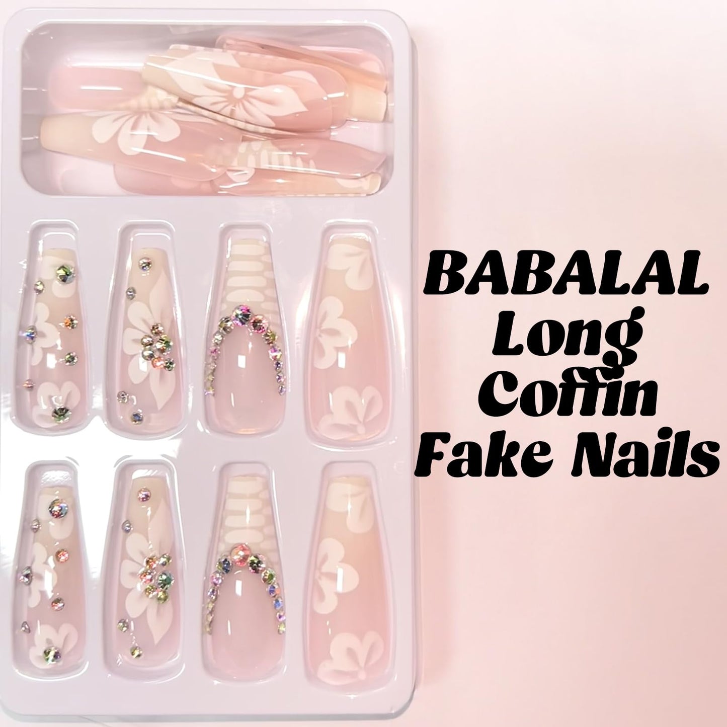 BABALAL Long Coffin Press on Nails - White French Tip Fake Nails Glue on Rhinestone Flower Acrylic Stick on Nail for Women and Girls