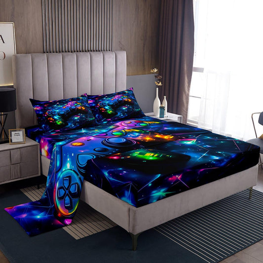 Feelyou Kids Gamer Bed Sheets Set Full Size, Galaxy Gaming Sheet Set Glitter Game Comforter Cover Boys Girls Gamepad Teens Bedspread Cover Bedroom Decor with 2 Pillow Case