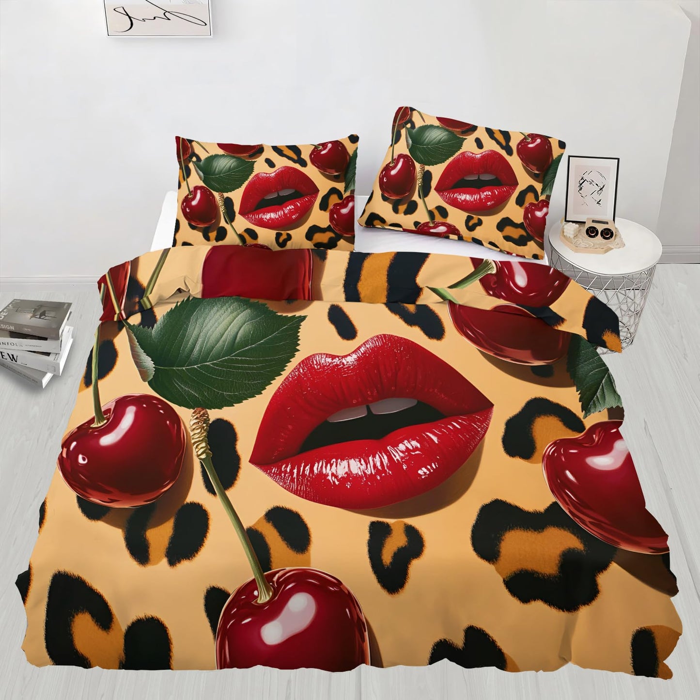 GKPLY Leopard Print Duvet Cover Queen, Pop Art Lips Bedding Set & Home Decor, Retro Fruit Comforter Set, Zipper & Ties, Reversible Print, Fashion Bedding Duvet Cover & 2 Pillow Cases,