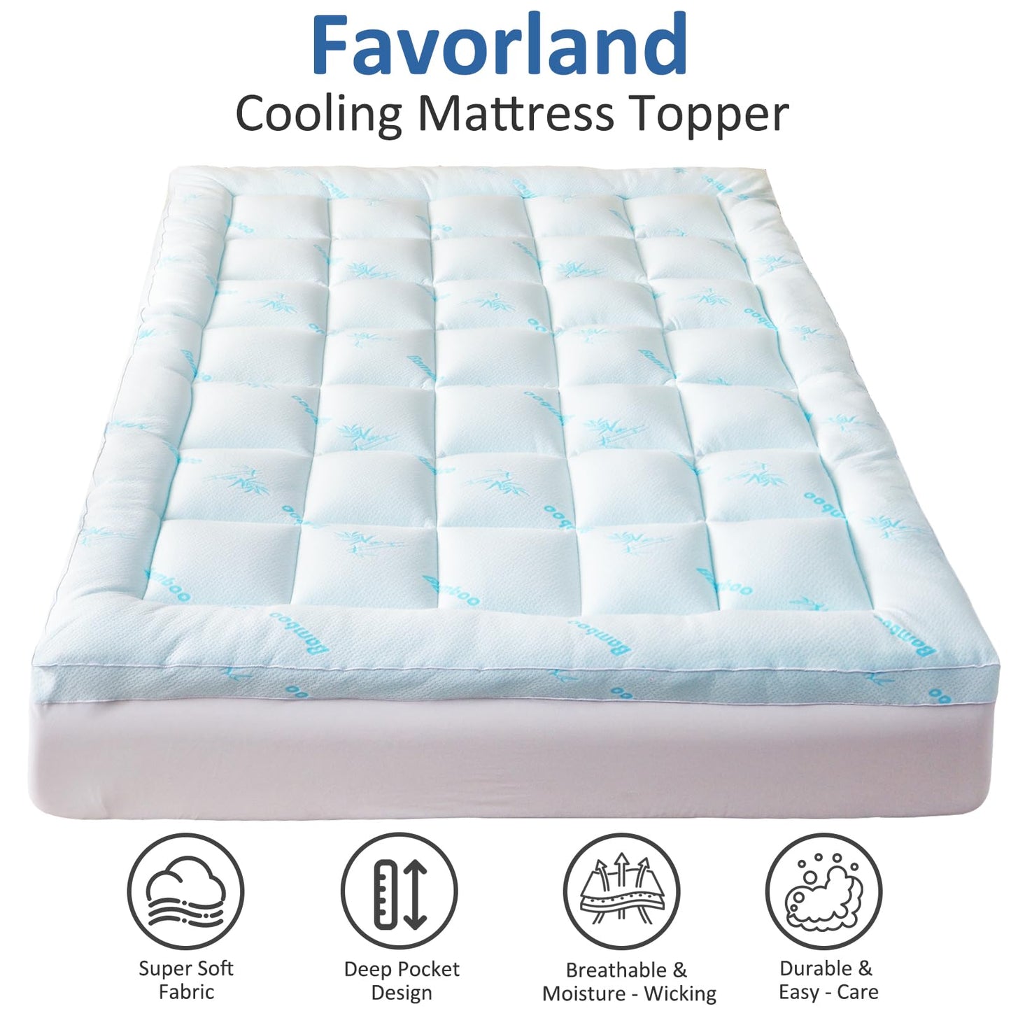 Favorland Mattress Topper Queen Size - Cooling Extra Thick Breathable Viscose Made from Bamboo Mattress pad - Soft Quilted Fitted Mattress Cover with 900 GSM Down Alternative Fill (8-21”Deep Pocket)