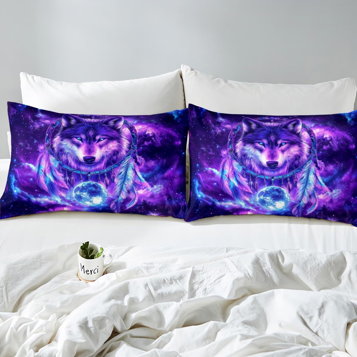 Erosebridal Wolf Flat Fitted Sheet Full Tribal Animal Bed Set Bohemian Feather Wildlife Bed Sheets Set for Kids Boys Adult Bedroom Decor Starry Sky,Purple Blue Bedding Sets with 2 Pillow Cases
