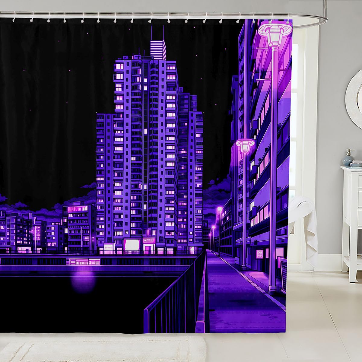 jejeloiu Tokyo Street Shower Curtain for Bathroom Decor Purple Japanese Night Bath Curtain for Stalls Bathtubs Japanese Style Bathroom Accessories Waterproof Polyester Fabric with 12 Hooks 72"x84"