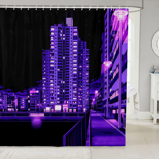 jejeloiu Tokyo Street Shower Curtain for Bathroom Decor Purple Japanese Night Bath Curtain for Stalls Bathtubs Japanese Style Bathroom Accessories Waterproof Polyester Fabric with 12 Hooks 72"x84"