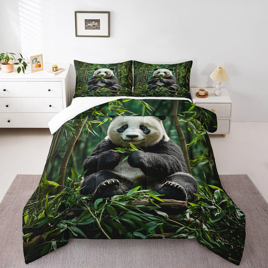 jejeloiu Cute Panda Bedding Set Full Size Kids Panda Bear Printed Comforter for Boys Girls Animal Comforter Set Wild Duvet Set Room Decorations Quilt Set