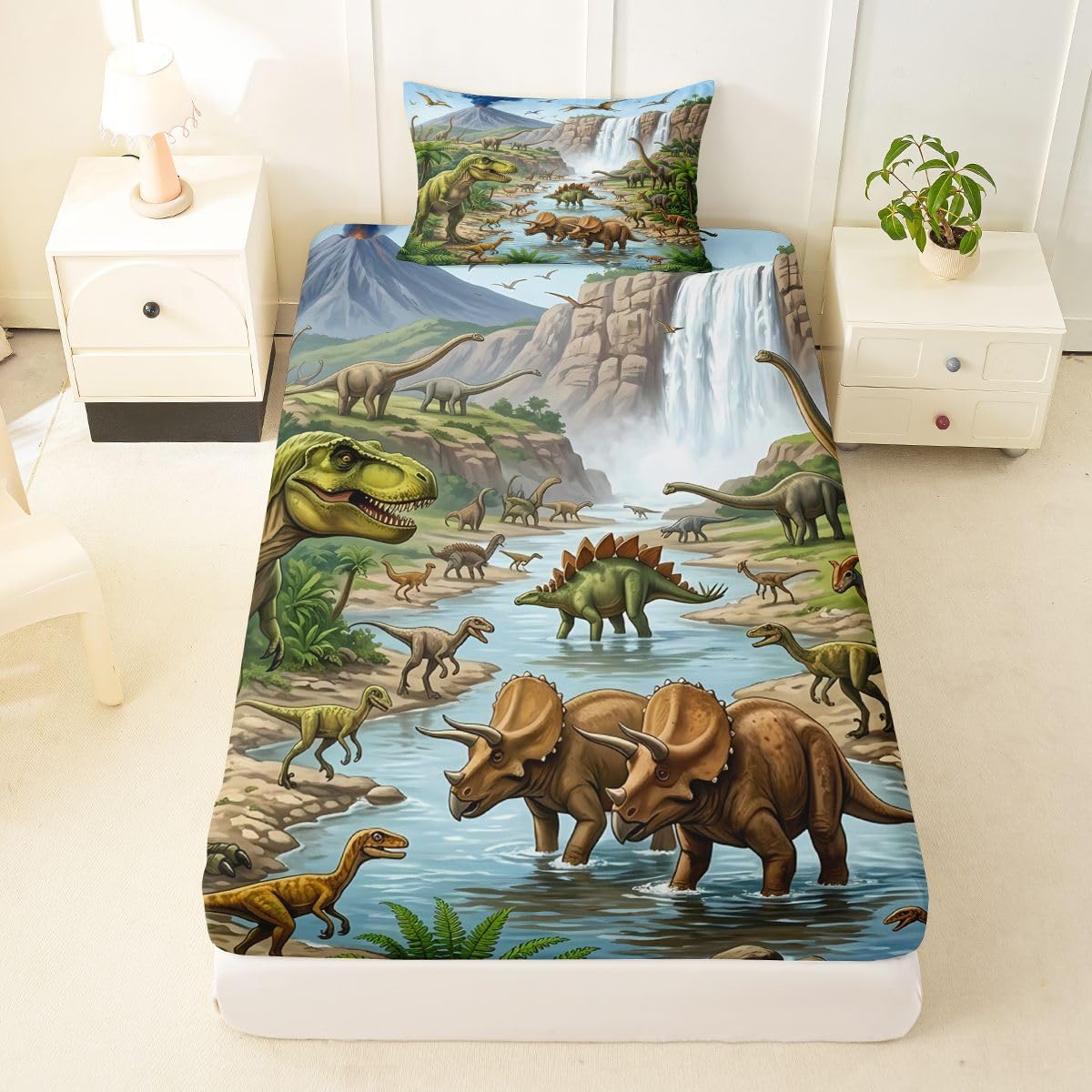 Feelyou Dinosaur Bed Sheets Sets Twin Size Kids Boys Girls 3D Digital Print Bedding Set Jungle Dino Bed Sheet Set with 16-Inch Deep Pockets Wild Animal 3Pcs with 1 Pillow Cases Green Blue and White