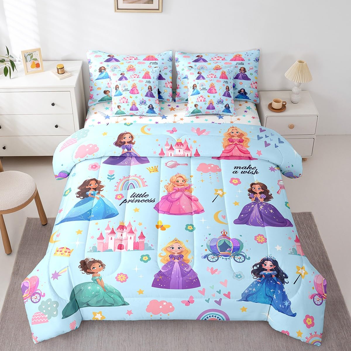 jejeloiu Cute Princess 7 Piece Bedding Set Queen Size Castle Comforter Set with Sheets,Pillowcases & Cushion Cover for Adults Fairy Dreamy Bed in a Bag Rainbow Flower Blue All Season Soft