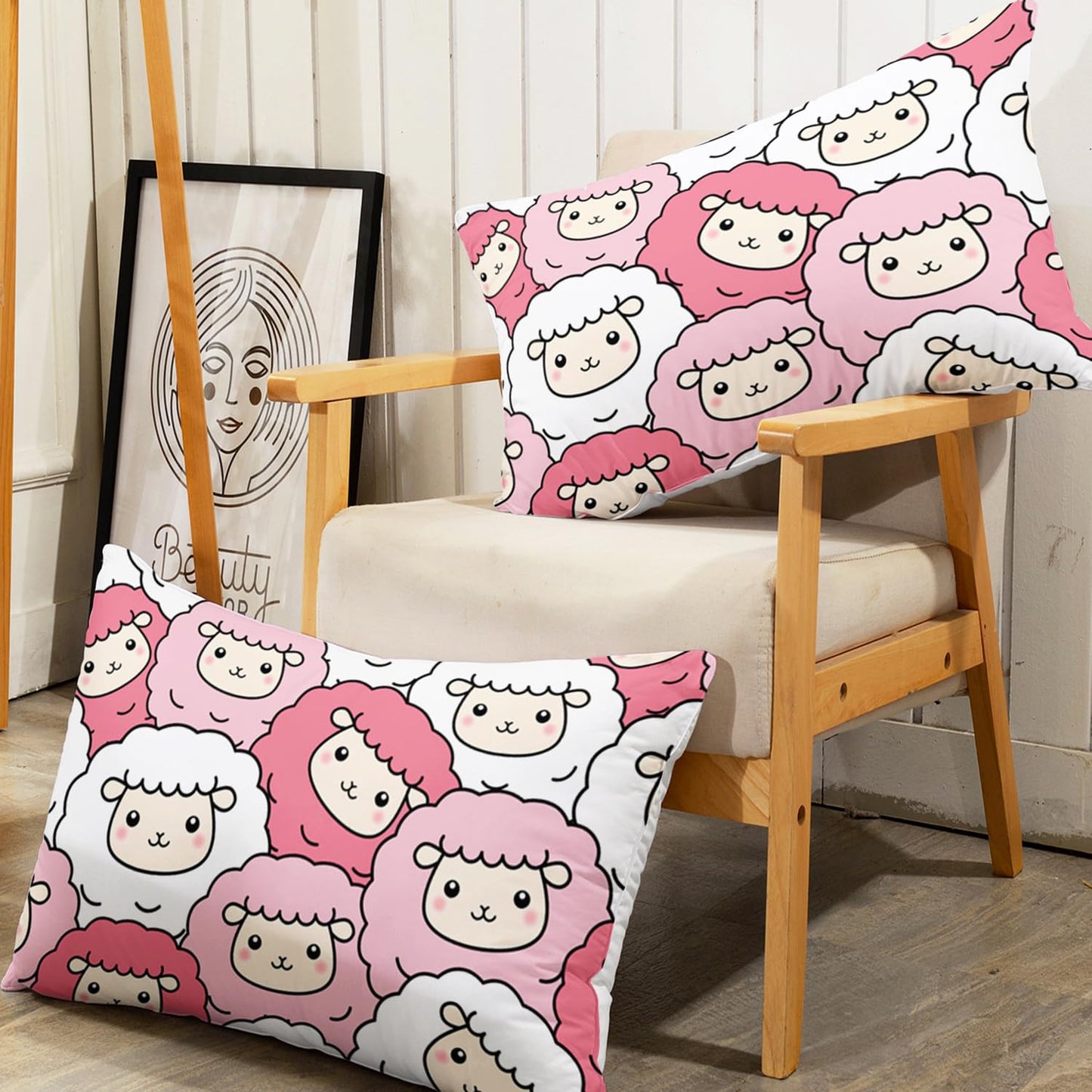 AILONEN Sheep Fitted Sheet Set Twin Size, Cute Sheep Cartoon Animal Bed Sheet Set,Pink White Kawaii Girls Sheet Set 3 Pieces, 1 Fitted Sheet and 2 Pillowcases