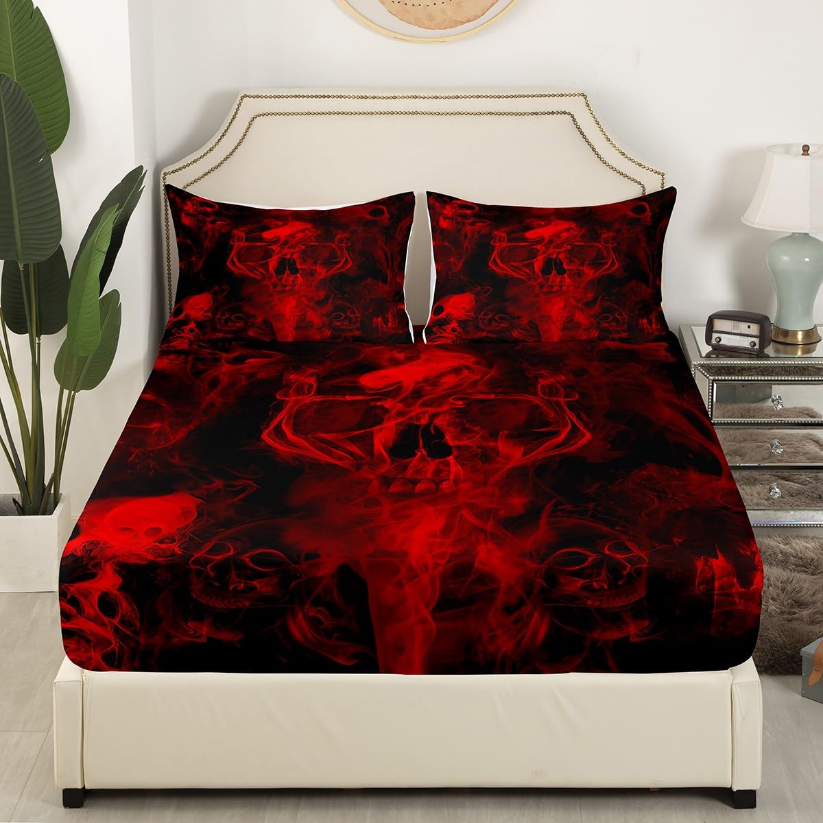 Gothic Skull Bed Sheets Red and Black Skeleton Sheet Set King for Boys Teens Men Women,Psychedelic Goth Skull Bedding Set Trippy Smoke Halloween Fitted Sheet + Horror Flat Sheet + 2 Pillow Cases