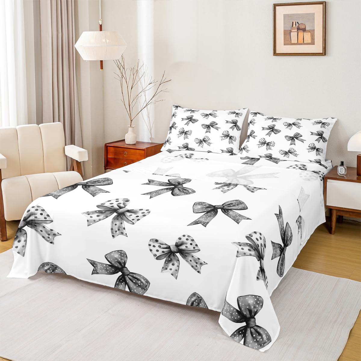 Erosebridal Bow Sheet Set Twin Ribbon Black Bow Bed Sheets Set Coquette Bowknot with Dots Sheets for Boys Girls Dreamy Princess Bowtie Flat Fitted Sheet with 1 Pillow Case