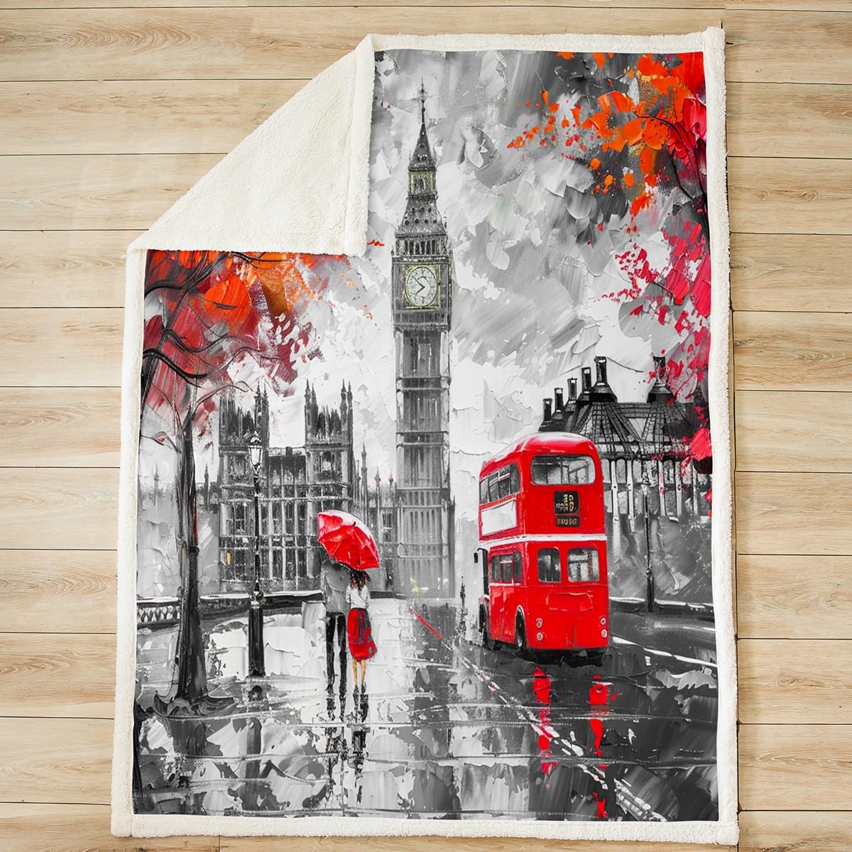 London Sherpa Blanket for Bed Sofa Couch Couples Soft Big Ben Fleece Throw BlanketGrey Red Double Decker Bus Pattern Plush Blanket Decorative Chic Paris Cityscape Fuzzy Blanket Street King 87"x95"
