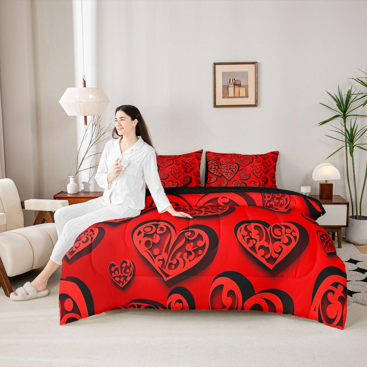 Erosebridal Red Love Heart Full Bedding Set - Valentines Day Decor Bed in A Bag,Cute Heart Comforter Sets with Sheets, Romance Couple 7 Pieces Bed Set Bedroom Decor