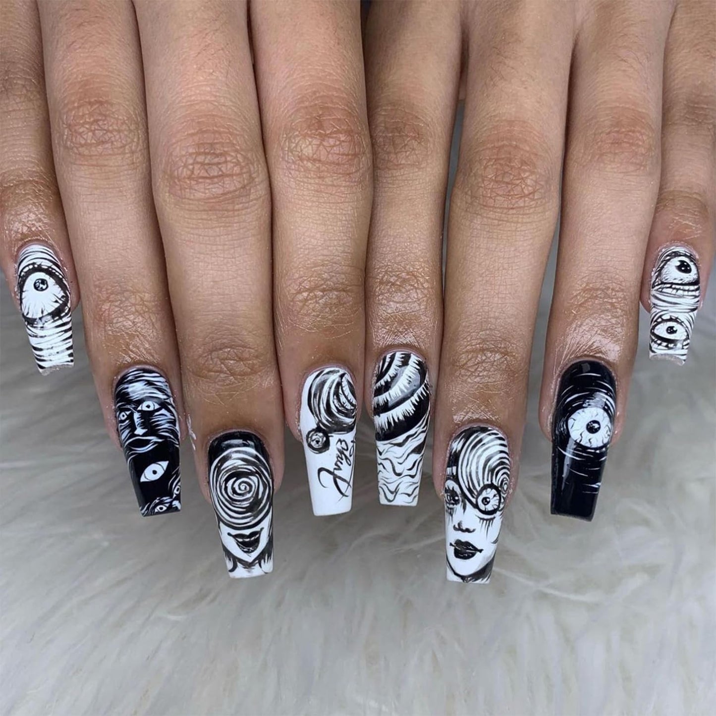 IMSOHOT Press on Nails Long Coffin Fake Nails Black White Artificial Glue on Nails Full Cover Glossy Stick on False Nails for Women Girls 24Pcs
