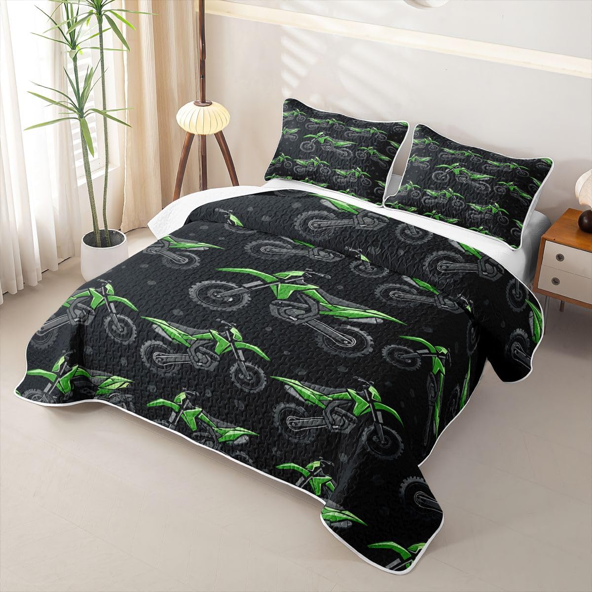 Erosebridal Green Motocross Quilt Set Dirt Bike Quilt Twin for Kids Boys Teens Men Racing Motocross Coverlet Cool Motorcycle Black Quilted Bedspread Bedroom Decor