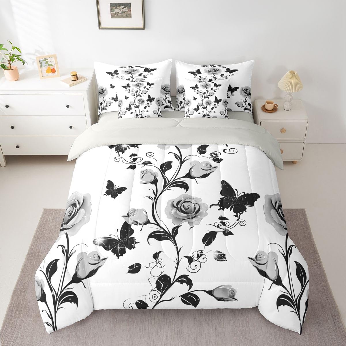 Erosebridal Rose Comforter Sets with Sheets - Romantic Roses Bedding Set Full for Boys Girls Flower Pattern 7Pcs Bed in A Bag Watercolor Silver Grey Bed Set