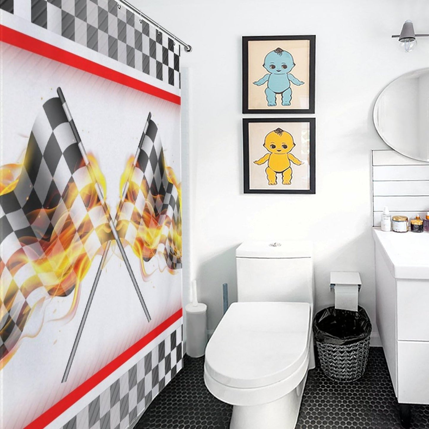 Racing Car Shower Curtain for Bathroom, Race Flag Game Theme Checkered Firing White and Black Flag for Kids Boys Waterproof Fabric Shower Curtain Set with Hooks, 72"x72" Inch