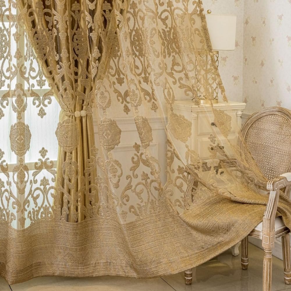 Amidoudou 1 Pair Luxury Double Layered European High-Blackout Curtains Embroidered Curtains for Living Room Bedroom Balcony (Gold,58x90 Inch)