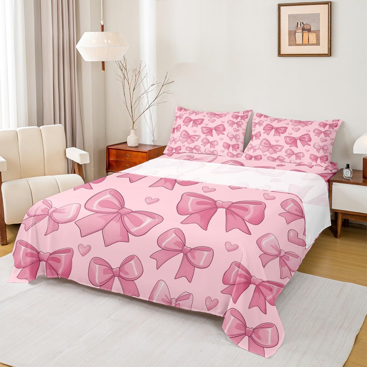 jejeloiu Pink Bow Bed Sheets Set Twin Size Bowknot Bed Set Bow-tie Deep Pocket Fitted Sheet Colourful Bowknot Breathable Soft Lightweight Microfiber